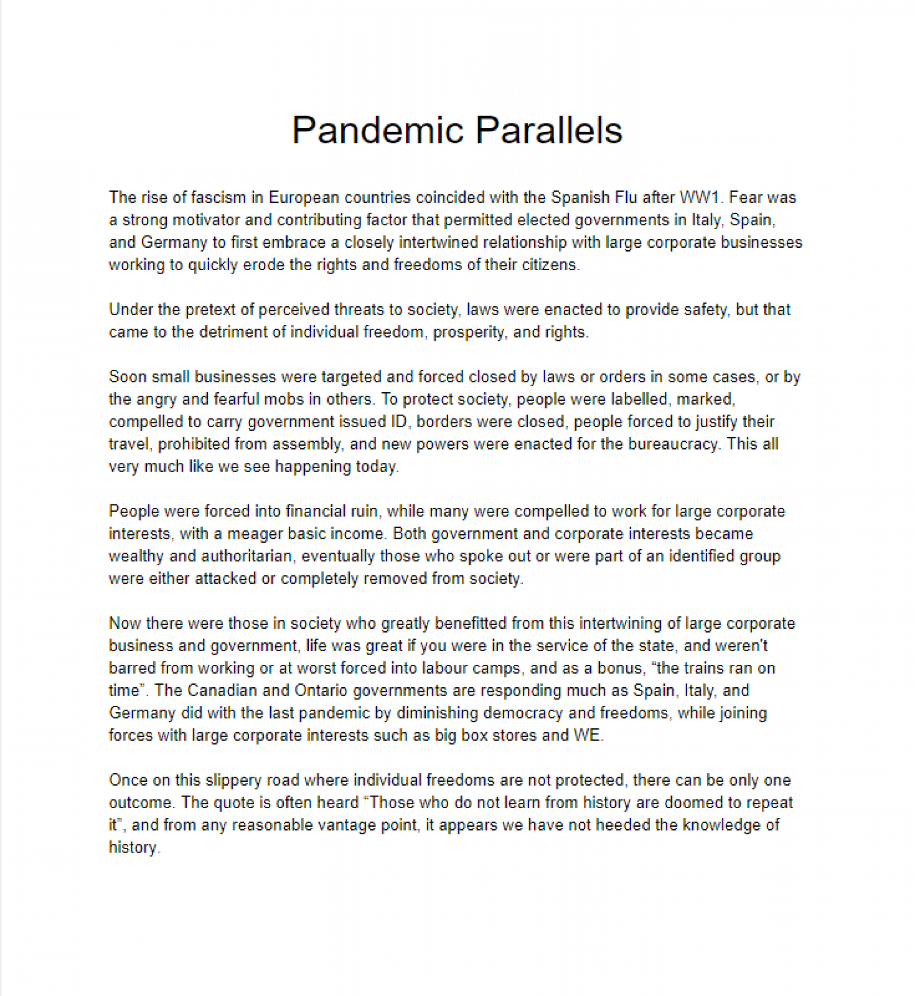 MPP Hillier re Pandemic Parallels MPP Hillier re Pandemic Parallels